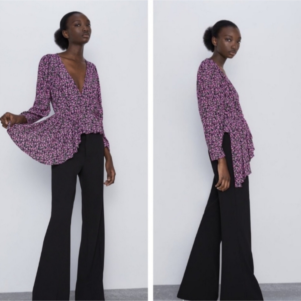 Zara V-Plunge Floral Print Zip Side Blouse